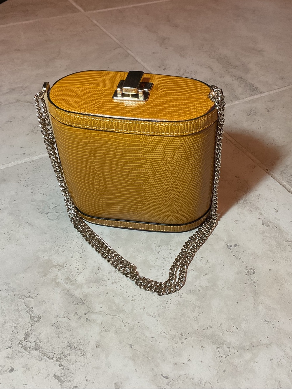 Cylinder Mustard Yellow Textured Crossbody Bag by Top Shop with Gold Chain Strap